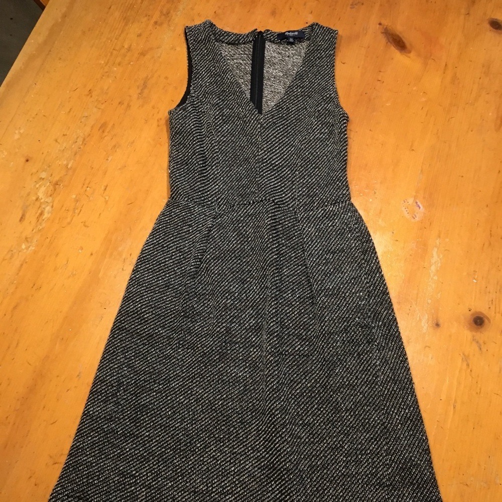 Madewell Black White Marled Knit V-Neck Fit Flare Dress Mod Retro Career XS - Picture 7 of 8